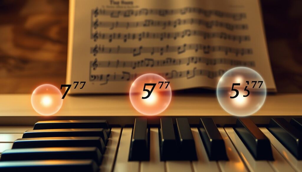 A beautifully composed piano keyboard, its smooth ivory and ebony keys gleaming under the warm, soft lighting. In the foreground, three distinct chords are illustrated through three-dimensional, glowing spheres of energy - a minor seventh, a major seventh, and a minor-major seventh chord. The middle ground showcases a musical staff, its notes flowing gracefully across the page. In the background, a hazy, dreamlike atmosphere evokes the contemplative nature of music theory and harmony. The overall mood is one of thoughtful exploration, inviting the viewer to delve into the nuances of major and minor tonalities on the piano.