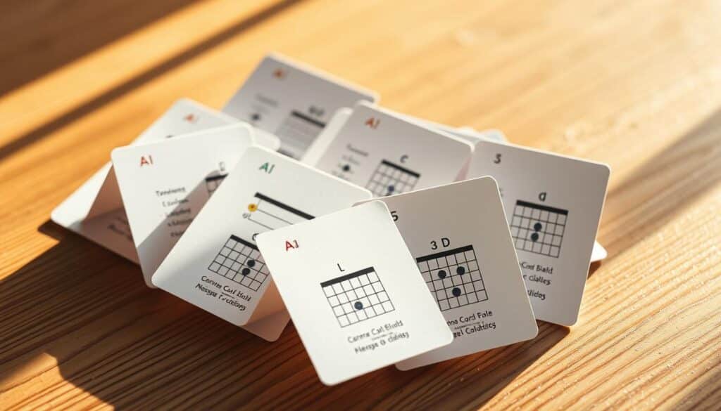 A beautifully lit, high-resolution photograph of a set of accordion-style music chord cards, neatly arranged on a wooden table. The cards feature colorful diagrams showcasing guitar chord fingerings, with clear labels and symbols. The image has a warm, natural light source, casting gentle shadows and highlighting the textures of the cards. The overall composition is clean and minimalist, allowing the chord cards to be the central focus. The mood is educational and informative, conveying a sense of musical theory and practice. The angle is slightly elevated to provide an engaging, almost instructional perspective on the chord cards.