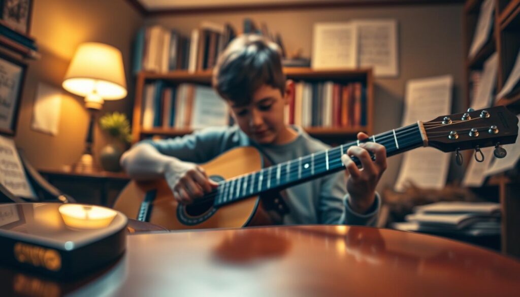 A beginner's classical guitar recital, captured in a warm, intimate setting. The foreground features a wooden classical guitar, its polished surface reflecting the soft lighting. The middle ground showcases a young musician, their hands delicately plucking the strings, a look of focused concentration on their face. The background is a cozy, dimly lit room, with bookshelves and sheet music lining the walls, creating a serene, study-like atmosphere. The overall scene conveys a sense of tranquility and the joy of a beginner's journey into the world of classical guitar.