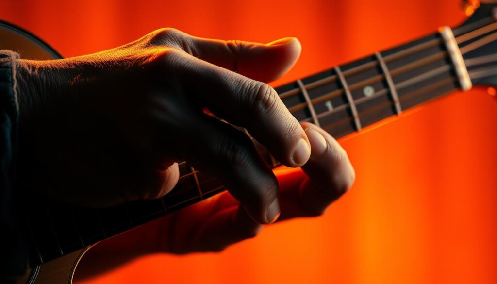 A blues guitarist's hand performing a soulful "noten lick solo" on an acoustic guitar, captured in a warm, dramatic lighting against a blurred background. The fingers glide effortlessly over the fretboard, showcasing intricate finger work and precise technique. The image conveys a sense of fluidity, passion, and the improvised, expressive nature of blues guitar playing, reflecting the "gitaar improviseren blues: van losse noten naar muzikale zinnen" section of the article.