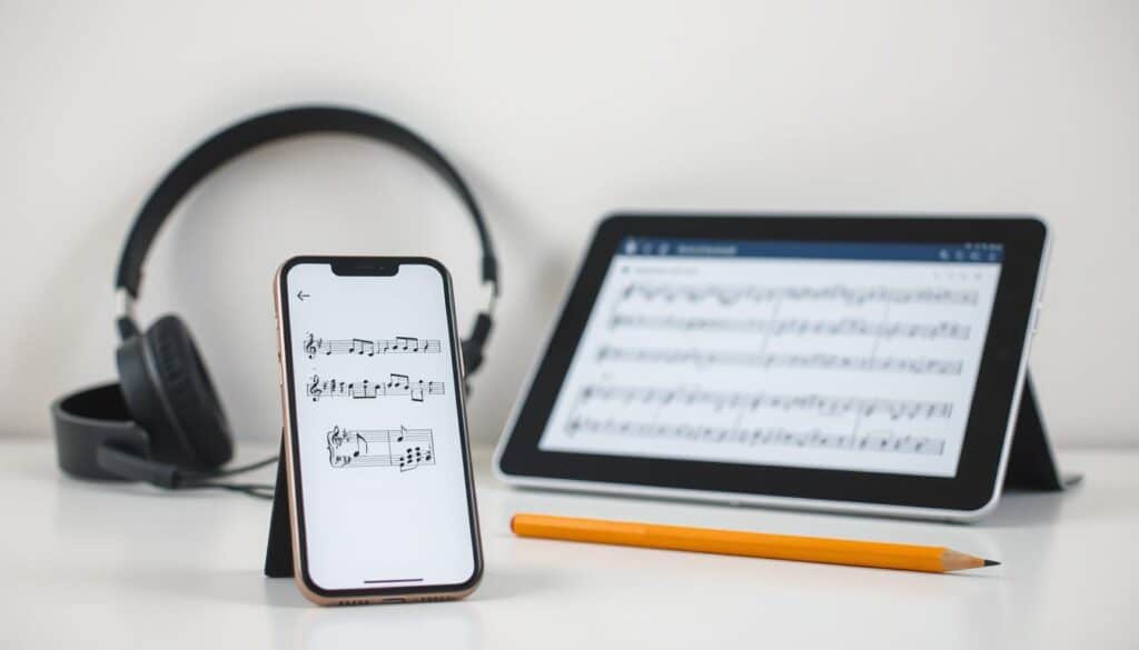 A brightly lit, minimalist composition showcasing various study aids for learning sheet music. In the foreground, a smartphone displays a music note recognition app, its interface clean and intuitive. Slightly behind, a tablet rests open, displaying an interactive sheet music learning program. In the middle ground, a pair of headphones and a pencil symbolize active engagement and practice. The background features a simple white wall, allowing the study tools to take center stage. The overall scene conveys a sense of focus, efficiency and a systematic approach to mastering the fundamentals of reading sheet music.