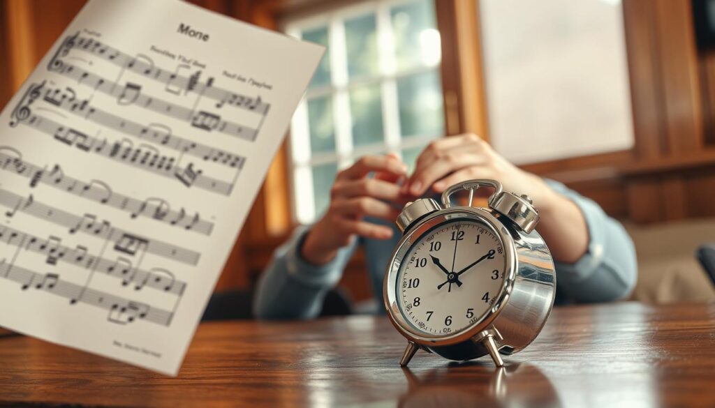 A classical music sheet floats in the foreground, notes and staves clearly visible. In the middle ground, a musician's hands sit atop a polished metronome, its rhythmic swaying keeping time. In the background, a warm-toned wood-paneled room with a window casts soft, natural lighting, creating a cozy, focused atmosphere for practicing scales and exercises. The composition emphasizes the interconnected nature of musical tools - the sheet music, the metronome, and the dedicated practice environment - to help the musician develop their skills.