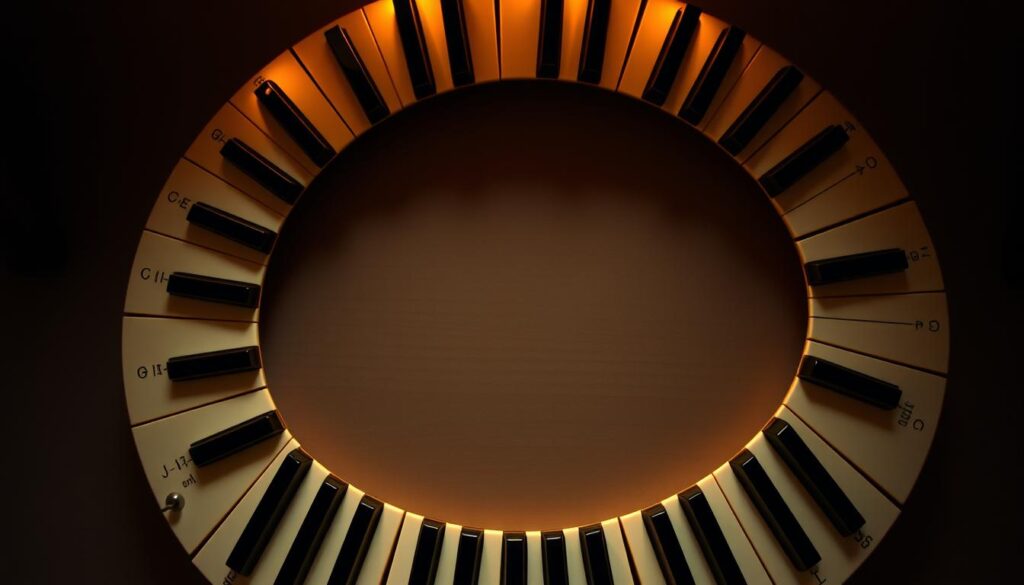 A classical piano keyboard arranged in a circle, with each key labeled with a musical note. The keys are illuminated from above, casting warm, soft lighting that highlights the intricate details of the instrument. The background is a gradient of muted colors, creating a sense of depth and atmosphere. The composition emphasizes the circular nature of the circle of fifths, with the keys arranged in a seamless loop, representing the interconnectedness of all major keys. The overall mood is one of elegance, education, and musical exploration, inviting the viewer to dive deeper into the world of major scales and the tonal relationships that underpin them.