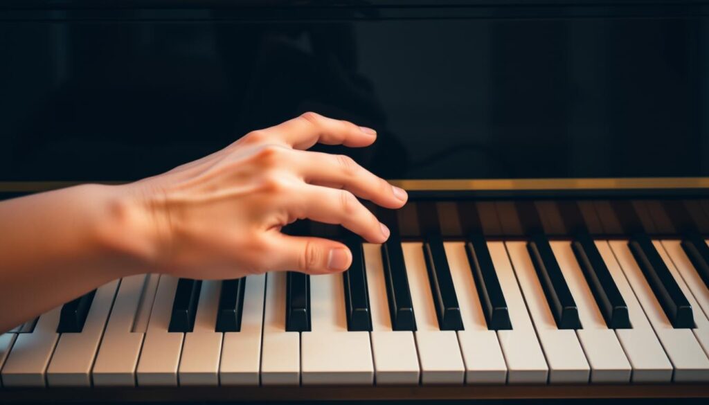 A classical piano keyboard in a soft, warm light, with the black keys of a major scale prominently displayed. The hands of a pianist are poised gracefully over the keys, fingers gently curved and positioned for proper fingering technique. The scene conveys a sense of focused practice and disciplined piano study, with a soothing, meditative atmosphere. The camera angle is slightly elevated, providing a clear view of the keyboard and the pianist's hands. The overall composition emphasizes the importance of proper fingering and hand positioning when practicing major scales on the piano.