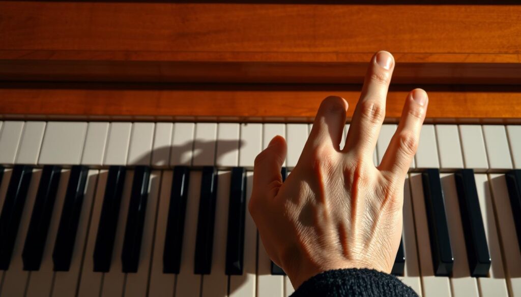A classical piano keyboard set against a warm, softly lit background. In the foreground, a pianist's hands gracefully positioned on the keys, demonstrating the efficient "vingerzetting" (finger positioning) technique for playing C-major scale. The fingers move with precision, the thumb and pinky curled under, creating a fluid and natural flow. The lighting casts gentle shadows, highlighting the delicate movements and the unique geometry of the hand shapes. The overall composition conveys a sense of focus, mastery, and the joy of learning the fundamentals of piano playing.