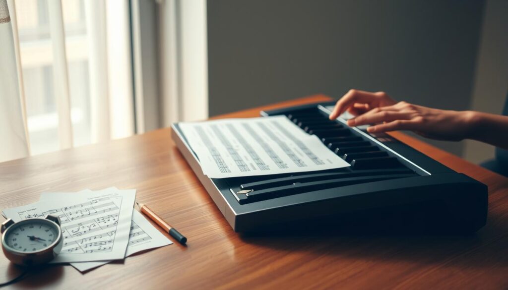 A clean, modern piano keyboard rests on a minimalist wooden table, illuminated by soft natural light filtering through a nearby window. In the foreground, a selection of sheet music, a metronome, and a pencil symbolize the criteria and tools needed to learn piano. The middle ground features a pair of hands, poised and ready to play, reflecting the focus on technique. The background subtly suggests a serene, distraction-free environment, allowing the viewer to concentrate on the essentials of piano mastery.