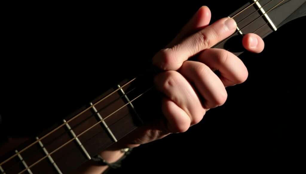 A close-up shot of a guitarist's left hand performing focused strength exercises on the guitar neck. The hand is positioned strategically, with fingers curled and pressing down firmly on the strings, showcasing the intricate finger movements required for precise left-hand technique. The lighting is directional, creating dramatic shadows that emphasize the musculature and tension in the hand. The background is blurred, keeping the attention solely on the hand's positioning and the guitarist's intense concentration. The overall mood is one of dedication, precision, and the discipline needed to master left-hand guitar dexterity.