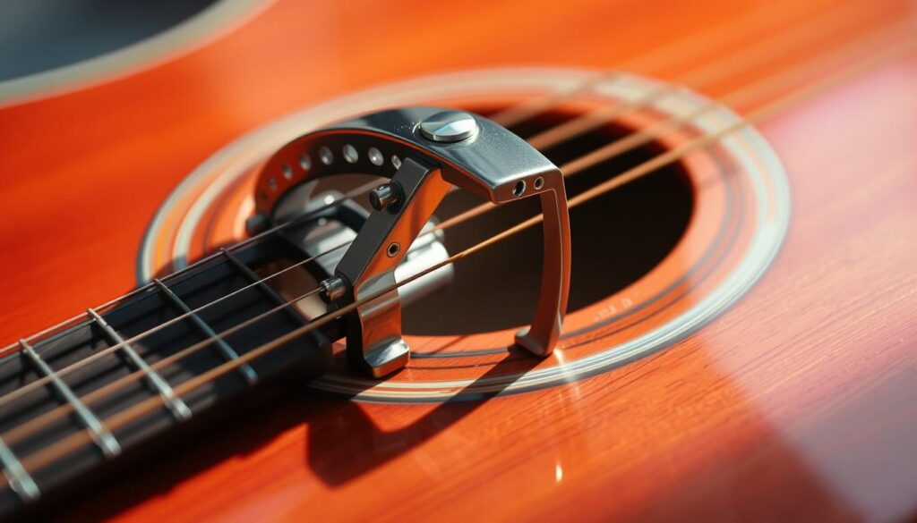 A close-up view of a classic acoustic guitar capo, crafted with intricate metal detailing and a sleek, modern design. The capo is positioned on the neck of the guitar, casting a subtle shadow and highlighting the instrument's warm, wooden tones. The lighting is soft and natural, creating a sense of contemplation and focus. The image emphasizes the capo's role as a versatile tool for altering the guitar's tuning and enabling different chord voicings, capturing its importance in the context of exploring barre chords during guitar practice.