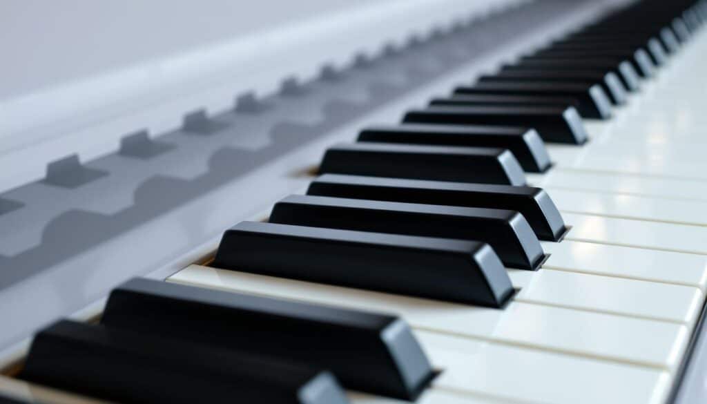 A close-up view of a grand piano keyboard, captured with a professional-grade camera lens. The pristine, glossy white keys dominate the frame, their smooth surfaces catching the soft, indirect lighting that bathes the scene. The black keys stand in stark contrast, their sharp edges and matte finish creating a visually striking juxtaposition. The perspective allows the viewer to appreciate the precise spacing and proportions of the keys, highlighting the elegance and simplicity of the piano's design. The overall mood is one of calm, focus, and the anticipation of musical exploration, inviting the viewer to imagine their own fingers gliding across the keys.