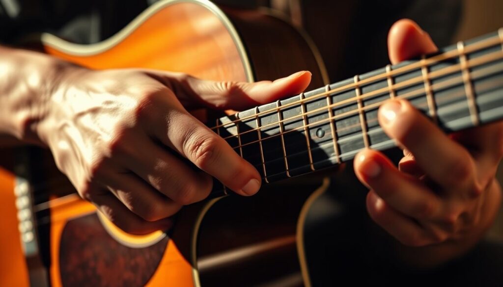 A close-up view of a guitarist's hands skillfully playing blues chord shapes on an acoustic guitar, the instrument's dark wooden body and fretboard in warm focus. The fingers are tightly gripping the neck, the wrist and forearm muscles visible, conveying the tangible physicality of the performance. Soft, directional lighting illuminates the scene, casting gentle shadows that highlight the contours of the hands and guitar. The overall atmosphere is one of intimate concentration, inviting the viewer to appreciate the subtleties of blues guitar technique.