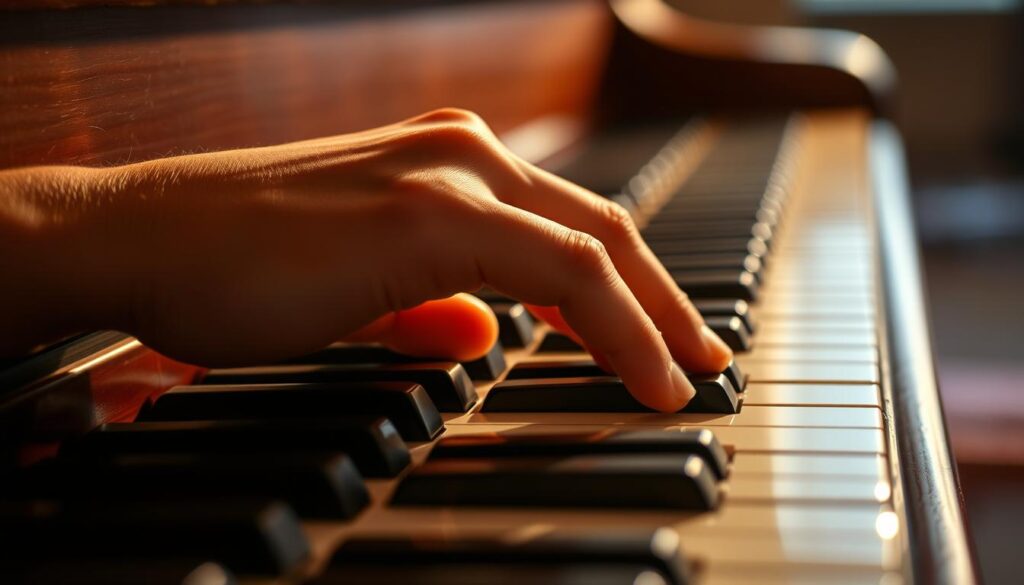 A close-up view of a pianist's left hand resting on a grand piano keyboard, showcasing the fingertips gently pressing down on the piano keys. The hand is positioned in a natural, relaxed posture, with the fingers slightly curved and the palm visible. The keyboard is illuminated by warm, soft lighting, creating a contemplative and serene atmosphere. The background is blurred, allowing the focus to remain on the piano keys and the pianist's hand, representing the intimate and immersive experience of classical music improvisation.