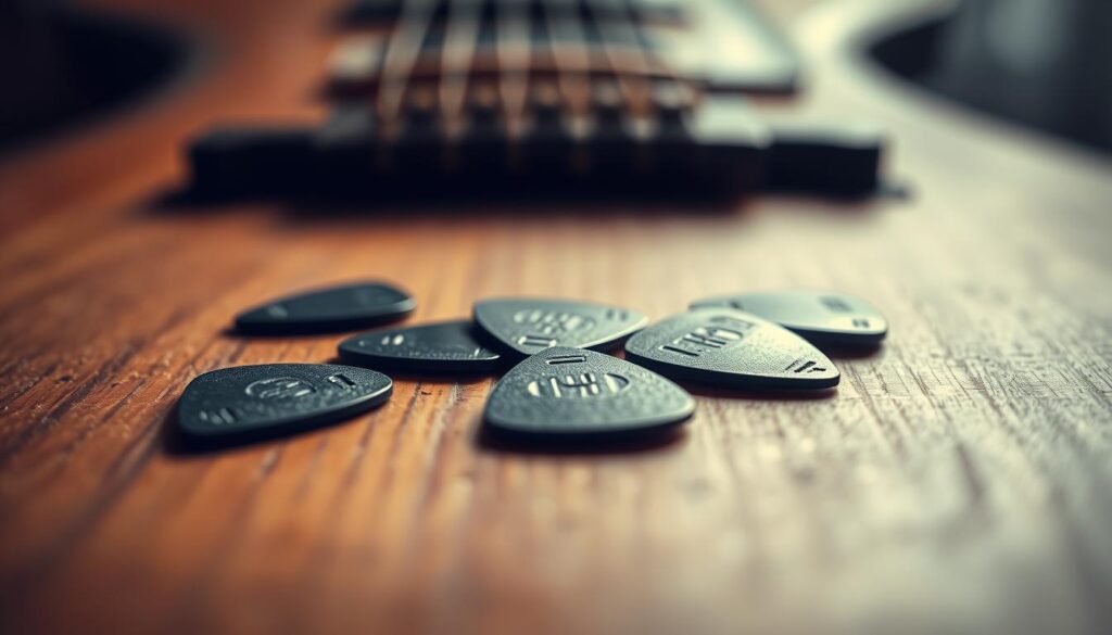 A close-up view of several plectrums on a wooden surface, capturing the intricate details and textures of the guitar picks. The plectrums are positioned in a slightly haphazard manner, reflecting the "fouten" (mistakes) mentioned in the section title. The lighting is soft and diffused, creating a warm, intimate atmosphere that complements the subject matter. The background is blurred, keeping the focus on the plectrums and their positioning, hinting at the techniques and corrections discussed in the article. The overall composition conveys a sense of study and exploration, inviting the viewer to examine the nuances of proper plectrum usage.