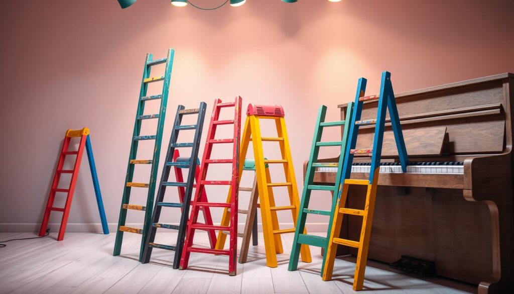 A colorful and whimsical piano practice session, with cartoon-style ladders of different heights and sizes arranged in a dynamic, playful composition. The ladders are constructed from vibrant, textured materials like wood, metal, and plastic, creating a sense of depth and dimensionality. Soft, diffuse lighting from multiple angles illuminates the scene, casting gentle shadows and highlights to enhance the visual interest. The overall mood is one of fun, creativity, and the joy of learning and improving one's piano skills through focused, step-by-step practice.