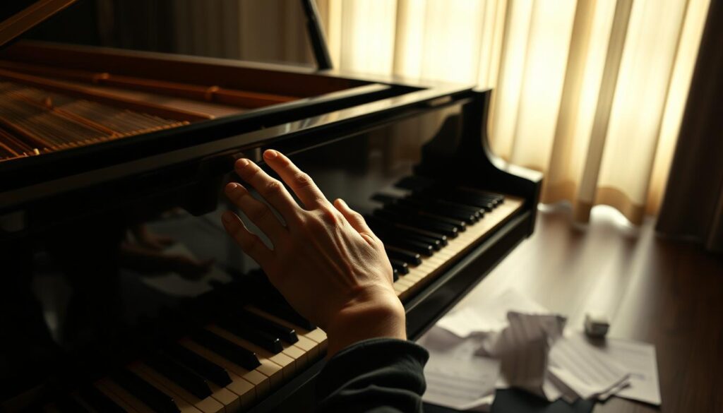 A concert grand piano sits center stage, its keys illuminated by soft, warm lighting that casts gentle shadows. In the foreground, a pianist's hands hover over the keys, hesitating, as they struggle to play a complex chord progression with precision. The middle ground features sheet music, scattered and crumpled, hinting at the musician's frustration with the "veelgemaakte fouten" (common mistakes) they are trying to overcome. The background is blurred, creating a sense of focus on the piano and the hands, emphasizing the intensity of the learning process. The overall atmosphere is one of concentration, determination, and the pursuit of musical mastery.