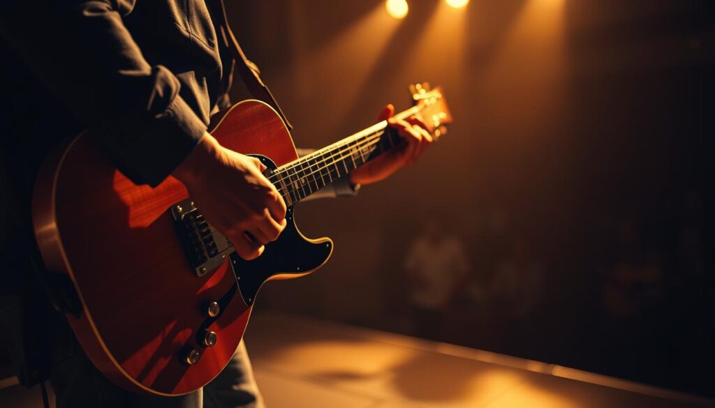 A confident guitarist stands on a dimly lit stage, their fingers dancing across the strings as they navigate a complex soulful melody. The stage is bathed in a warm, golden light that casts dramatic shadows, creating a sense of depth and drama. In the foreground, the guitarist's hands are the focal point, their movements fluid and precise. In the middle ground, the guitarist's face is partially obscured, their expression one of deep concentration and passion. The background is blurred, hinting at a captivated audience, their silhouettes fading into the shadows. The entire scene conveys a sense of the journey from practice to performance, the hard-won confidence and skill that comes from dedicated guitar lessons, now on full display for all to see.