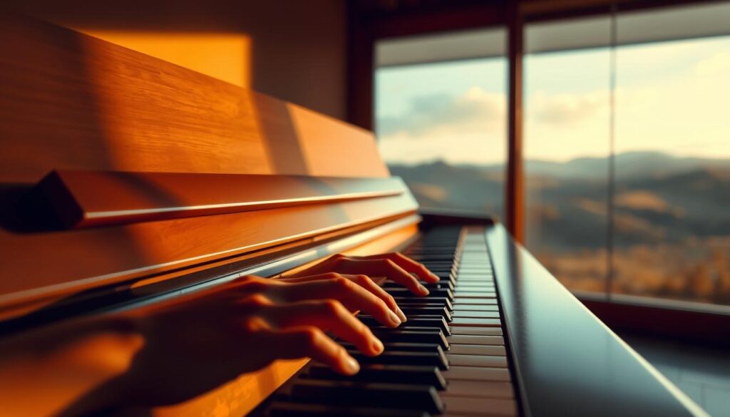 A cozy and inviting piano setup, bathed in warm, natural lighting. In the foreground, a pianist's hands delicately strike the keys, showcasing a series of simplified piano chords. The middle ground features a clean, minimal piano design, with sleek lines and a polished finish. In the background, a serene, blurred landscape of rolling hills and a calming sky, creating a sense of peaceful focus and tranquility. The overall atmosphere is one of effortless learning and efficient practice, inspiring the viewer to pick up the piano and start their own journey.