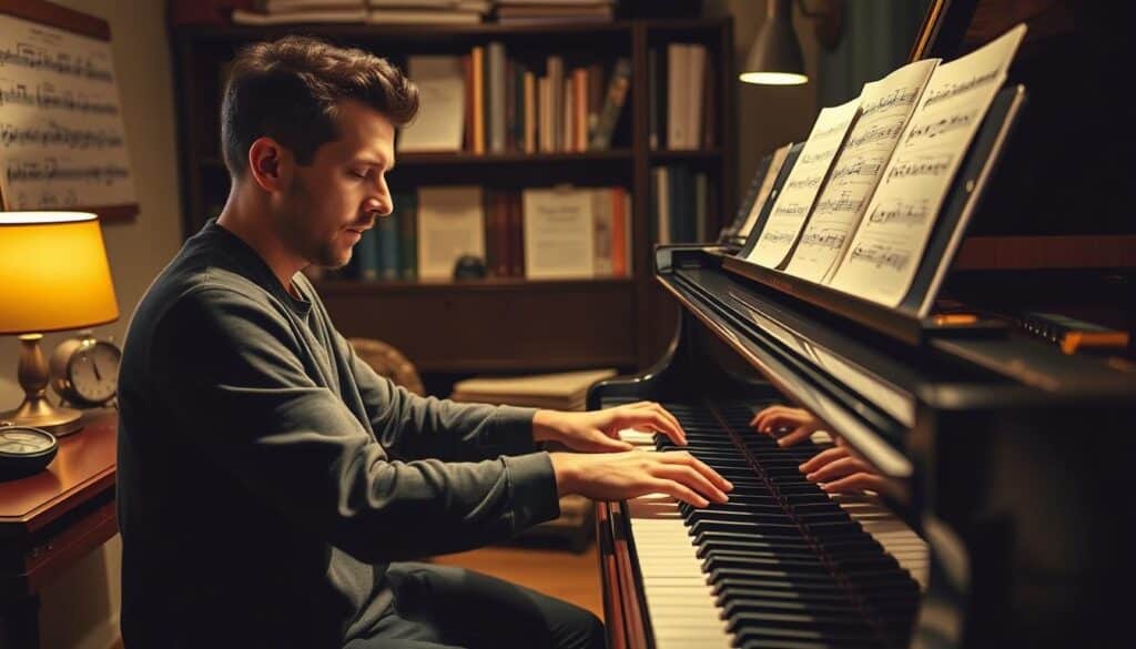 A cozy and well-lit piano practice room, with a grand piano taking center stage. The pianist's hands gracefully glide across the keys, their focus intense as they work through a series of carefully curated exercises. The room is adorned with music sheets and metronomes, creating an atmosphere of dedicated practice. Soft, warm lighting illuminates the scene, casting a gentle glow on the pianist's face as they navigate the intricate patterns of the "oefenroutines". The background features a bookshelf filled with music theory books and sheet music, hinting at the depth of knowledge required to master these practice routines. The overall impression is one of discipline, determination, and the pursuit of musical excellence.
