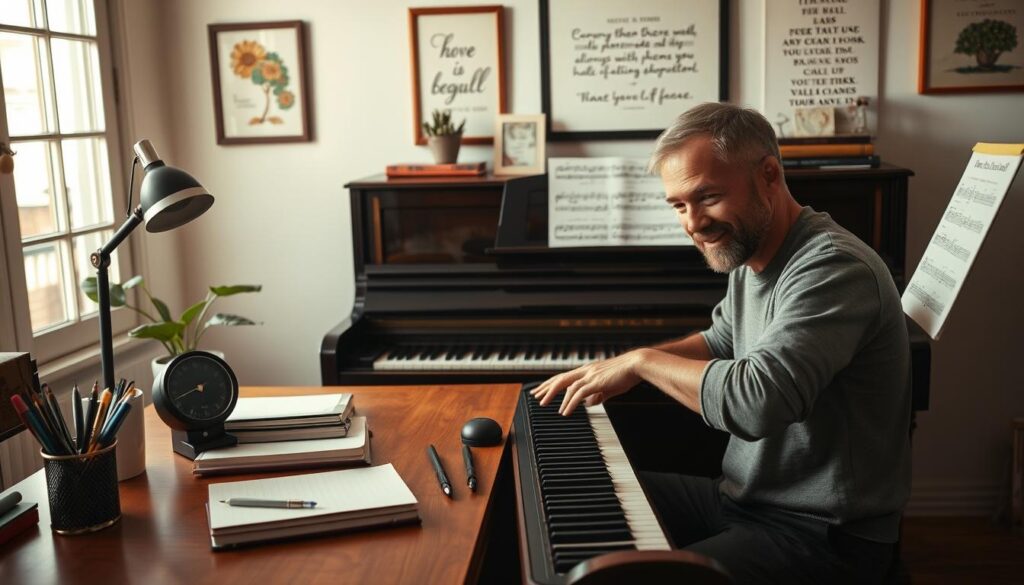 A cozy home office with a wooden desk and a piano in the background. On the desk, a neatly organized set of notebooks, pens, and a potted plant. The walls are adorned with framed sheet music and inspirational quotes. Soft, natural lighting filters in through a large window, creating a warm and focused atmosphere. A metronome ticks steadily, guiding the pianist through their daily practice. The musician's hands confidently dance across the piano keys, their expression one of deep concentration and determination. This scene encapsulates the joyful, disciplined journey of mastering the piano, one day at a time.