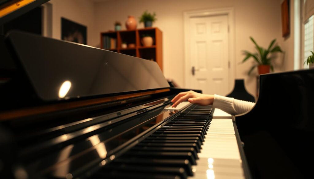A cozy home studio with a gleaming black grand piano occupying the foreground, its polished surface reflecting the warm, soft lighting from above. In the middle ground, a pianist's hands gracefully flow across the keys, their focused expression mirroring the sense of effortless progress. The background features a simple, uncluttered space, allowing the piano and the performer to take center stage, emphasizing the meditative atmosphere of dedicated, efficient practice.