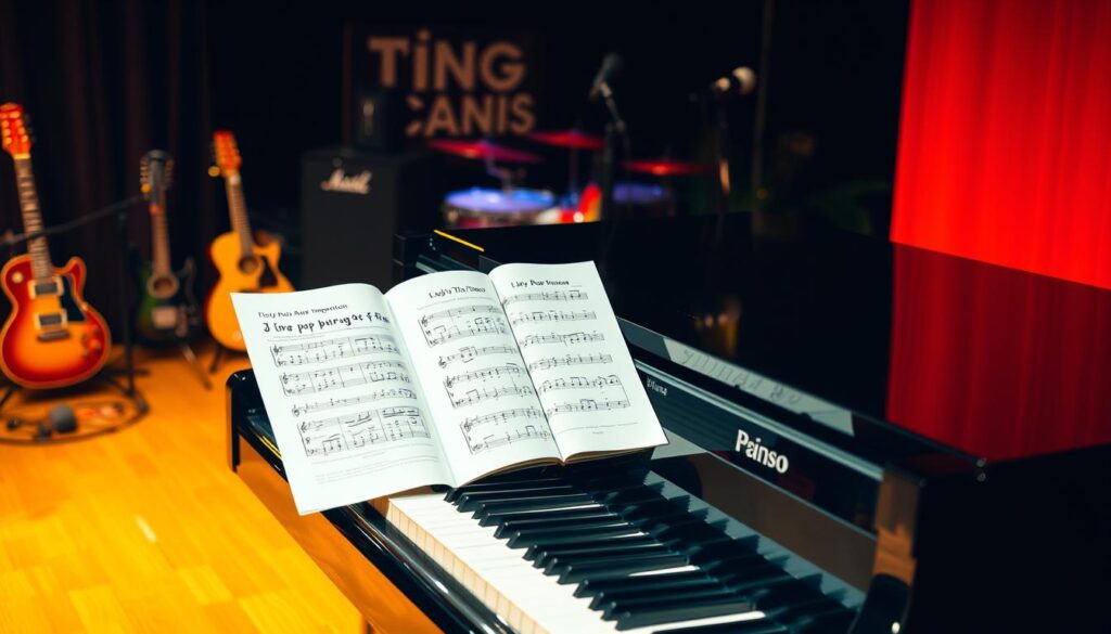 A cozy piano recital with a pop music theme. A well-lit stage showcases an upright piano, its glossy black finish reflecting the warm stage lighting. Sheet music pages for lively pop piano arrangements lie open on the music stand, inviting the viewer to sit down and play. In the background, a colorful array of musical instruments - guitars, drums, and a microphone - hint at an eclectic, modern repertoire. The mood is vibrant yet intimate, capturing the joy of accessible, contemporary piano pieces perfect for beginner lessons.