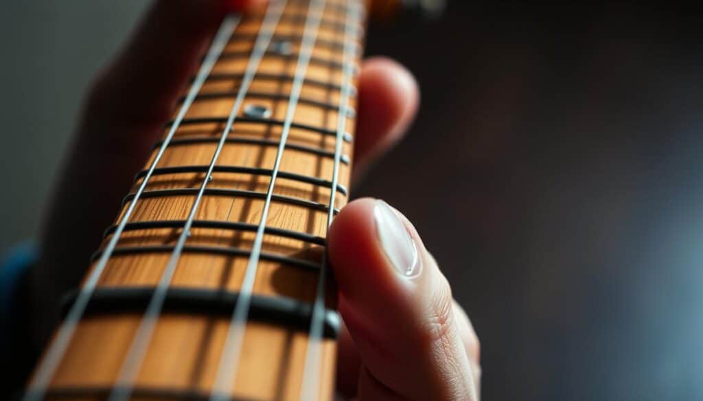A detailed and high-quality photograph of a guitar neck and fretboard, shot from an angle that emphasizes the position and fingering of the hand. The neck should be illuminated by soft, directional lighting that casts subtle shadows, enhancing the textural details of the wood grain and metal frets. The focus should be sharp on the middle and upper portions of the neck, gradually transitioning to a subtle blur towards the body of the guitar. The overall mood should be one of focus and concentration, suitable for illustrating the technical aspects of playing guitar chords and navigating the fretboard.