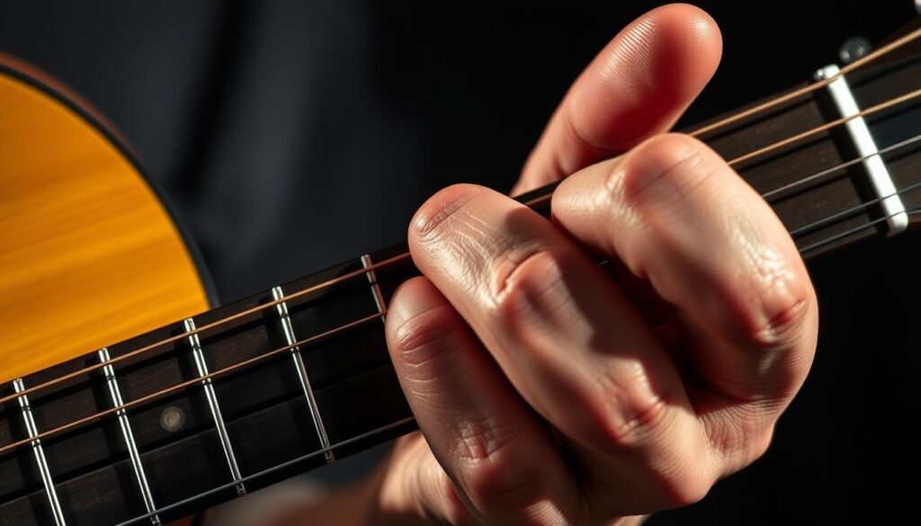 A detailed close-up illustration of a guitarist's hand performing a barré chord grip, capturing the most common mistakes. The foreground shows the hand pressing down firmly on the guitar strings, with the index finger arched and applying uneven pressure. The middle fingers are not properly aligned, causing some strings to be muted. The background blurs out to focus attention on the hand positioning. Dramatic lighting from the side creates dramatic shadows and highlights the tension in the fingers. The overall mood is one of frustration and the need for proper technique.