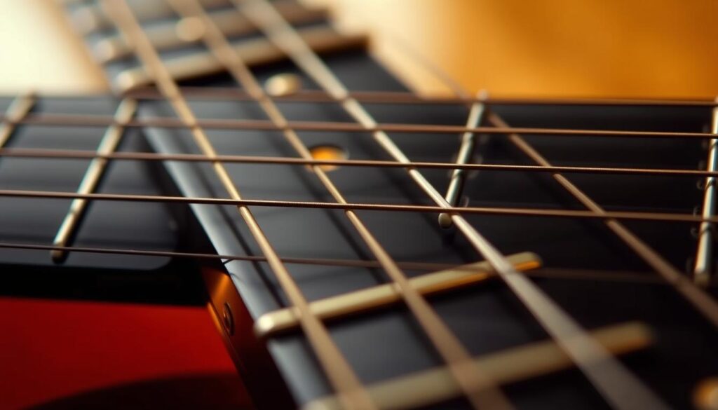 A detailed close-up view of a guitar fretboard, illuminated by soft, warm lighting. The strings are visible, and the frets are clearly delineated. The focus is on the construction of a major scale, with each note of the scale highlighted in succession, showcasing the scale's underlying structure and relationship to the guitar's chord shapes. The image conveys a sense of musical theory and education, inviting the viewer to explore the fundamental building blocks of guitar playing.