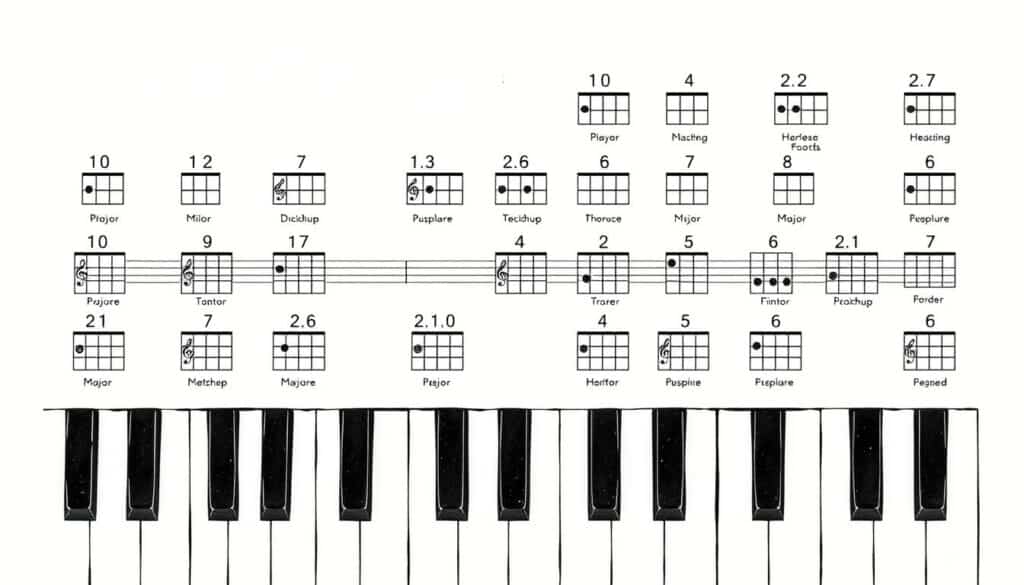 A detailed diagram of a piano chord progression, showcasing various chord shapes and their relationships. The image should have a clean, minimalist aesthetic, with the chords arranged in a grid-like layout against a neutral background, allowing the musical theory to take center stage. The chords should be depicted using clean lines and shapes, with a mix of major, minor, and seventh chord types displayed. The overall mood should be one of educational clarity, inspiring the viewer to explore and understand the fundamentals of piano improvisation.