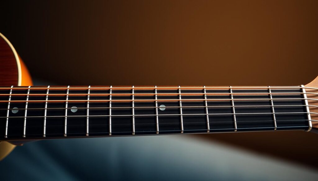 A detailed diagram of guitar fretboard showcasing the positions and patterns of a major scale. The fretboard is depicted in a realistic, three-dimensional view, with a focus on the middle and upper registers. The scale is represented by clearly delineated notes and fingerings, allowing for easy visualization of the overall structure. The lighting is soft and diffused, creating a warm, educational atmosphere. The composition emphasizes the neck and strings, providing a clear, uncluttered view of the essential elements. The image conveys a sense of clarity and instructional value, suitable for inclusion in a guitar lesson article.