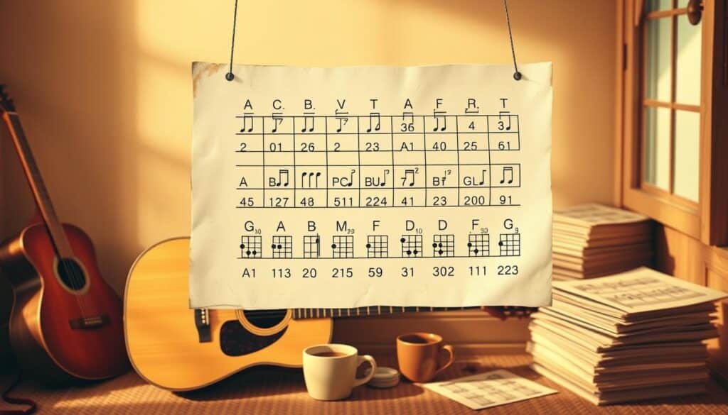 A detailed, hand-drawn 12-bar blues chord chart floating in a warm, sepia-toned music room. The chart is meticulously rendered, with each chord symbol and note clearly legible. The background features a vintage acoustic guitar, a mug of coffee, and a stack of sheet music, creating a cozy, inspirational atmosphere for a guitar lesson. Soft, directional lighting casts subtle shadows, enhancing the three-dimensional depth and tactile quality of the scene. The overall aesthetic evokes the timeless tradition of blues music and the craft of guitar pedagogy.