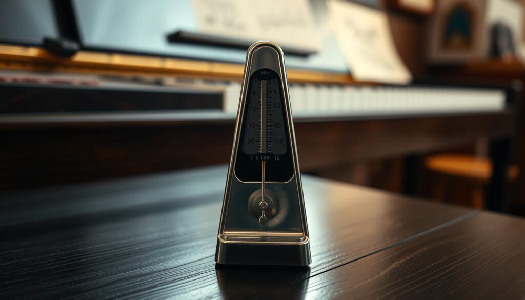 A detailed, high-definition image of a metronome, sitting on a dark wooden surface, with a warm, natural lighting illuminating the scene. The metronome is made of sleek, polished metal, with a pendulum swinging back and forth, creating a steady, rhythmic beat. The camera angle is slightly elevated, providing a clear, unobstructed view of the metronome, allowing the viewer to focus on its mechanical precision and the visual representation of musical time. The background is blurred, with hints of a piano or other musical instruments in the distance, creating a cohesive, musical atmosphere. The overall mood is one of focused concentration, inviting the viewer to engage with the practical application of rhythm in the context of piano lessons.