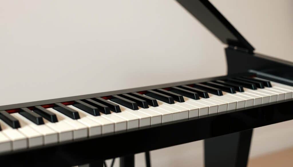 A detailed, high-resolution diagram of a major piano scale, showcasing the white and black keys in their proper sequence. The scale is depicted on a sleek, minimalist grand piano keyboard, with a soft, muted background that draws the viewer's focus to the central musical element. The lighting is gentle and natural, creating a sense of clarity and precision. The perspective is slightly elevated, allowing for a clear overview of the keyboard's layout and the structure of the major scale. The image conveys a sense of elegance and simplicity, perfectly suited to illustrate the section on the structure of a major scale.