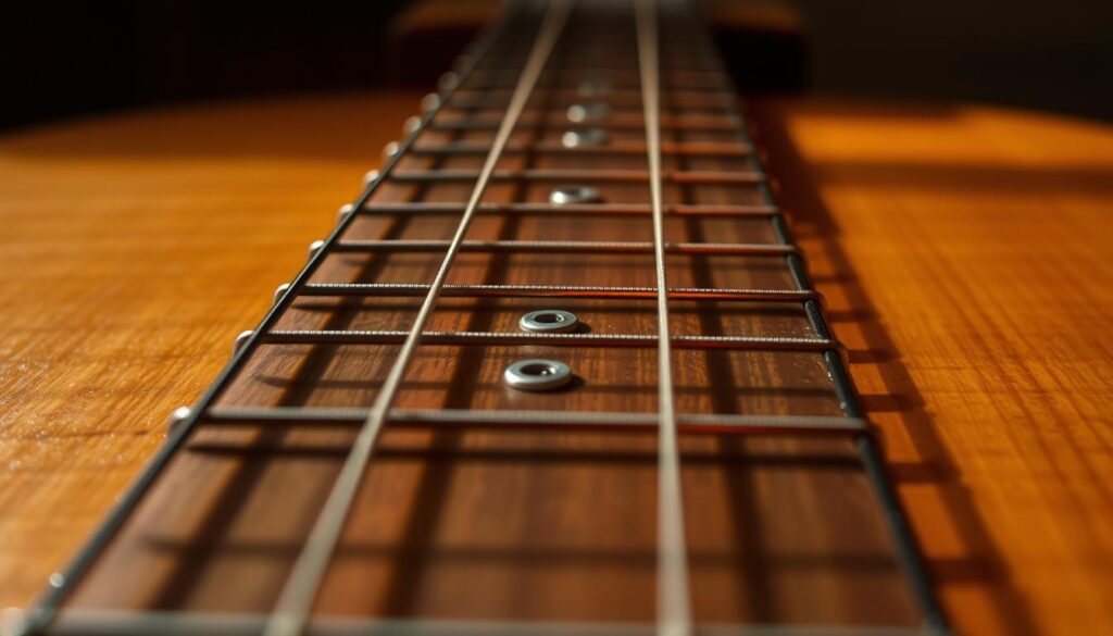 A detailed illustration of a "mineur toonladder" on a wooden fretboard, illuminated by warm, soft lighting. The fretboard fills the frame, with the strings and frets clearly visible. The notes of the minor scale are highlighted, creating a visually intuitive representation of the musical concept. The image has a serene, contemplative atmosphere, inviting the viewer to explore the fundamental building blocks of guitar music.