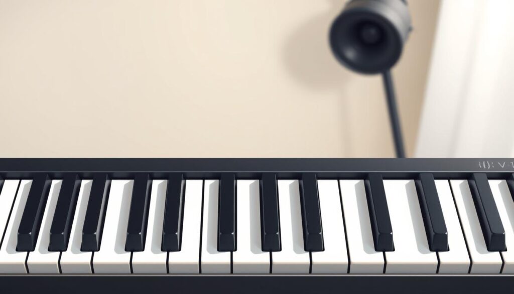 A detailed illustration of an ii-v-i chord progression on a piano keyboard, featuring a clean and minimalist design. The keys are rendered in a neutral color palette, with the chord tones highlighted in a vibrant, contrasting hue. The keyboard occupies the central focus, positioned against a soft, out-of-focus background that subtly suggests a studio or practice room setting. The lighting is natural and diffused, casting gentle shadows and creating a sense of depth and dimension. The overall composition is balanced and harmonious, reflecting the musical principles of the ii-v-i chord schema.