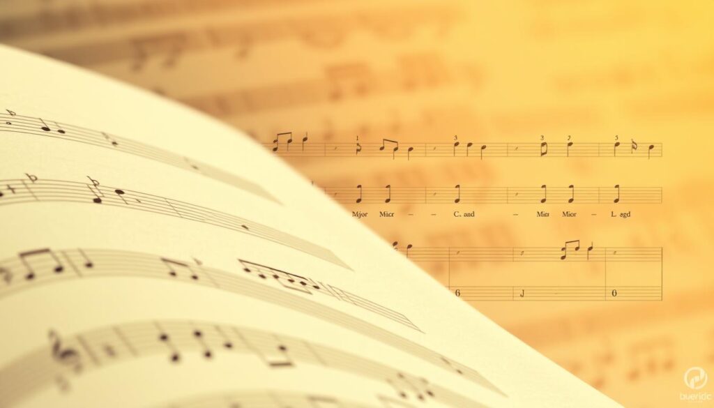 A detailed illustration of the fundamental music theory concepts and essential scale patterns that every beginner musician needs to understand. A softly lit, warm-toned, and finely detailed scene depicting a music staff with clearly written notes, accidentals, and time signatures in the foreground. In the middle ground, a series of ascending and descending major and minor scale diagrams in different keys, with the corresponding finger positions marked on a fretboard. In the background, a subtly blurred, atmospheric musical texture or pattern providing a harmonious context. The overall mood is educational, informative, and visually engaging, guiding the viewer through the basic building blocks of music theory and scale practice.