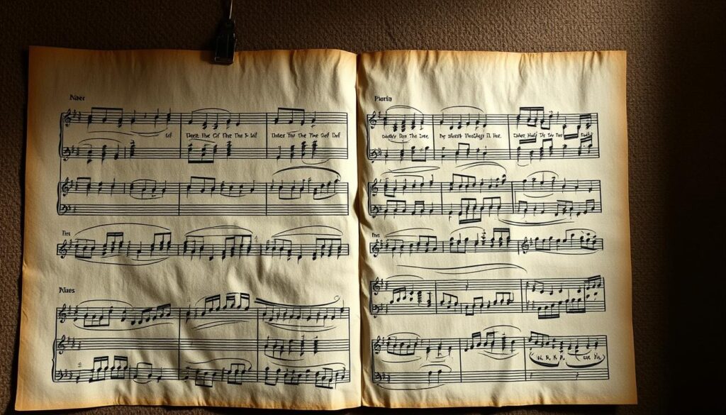 A detailed, intricate musical score unfurls across the frame, its bars and staves forming a captivating rhythmic structure. The notes, rendered in a bold, expressive style, seem to dance across the page, conveying a sense of dynamism and energy. The background is a muted, textured surface, allowing the music to take center stage. Dramatic lighting casts dramatic shadows, adding depth and drama to the composition. The overall mood is one of focused intensity, as if the viewer is peering into the heart of a musical performance. This image perfectly captures the essence of the section on "Veelgemaakte beginnersfouten bij piano improvisatie blues beginners", hinting at the complexities and challenges of blues improvisation for piano beginners.