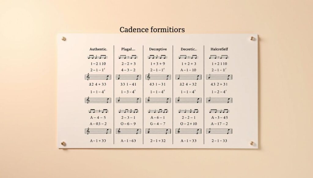 A detailed overview of common piano cadence formulas, presented in a clean and organized manner. The image should feature a central panel showcasing various cadence types, such as authentic, plagal, deceptive, and half cadences, arranged in a grid-like layout. Surrounding this central panel, a soft, muted color palette sets a contemplative mood, complementing the academic nature of the subject matter. The lighting should be warm and slightly diffused, creating a sense of depth and dimension. The overall composition should feel balanced and visually appealing, guiding the viewer's eye through the different cadence examples.