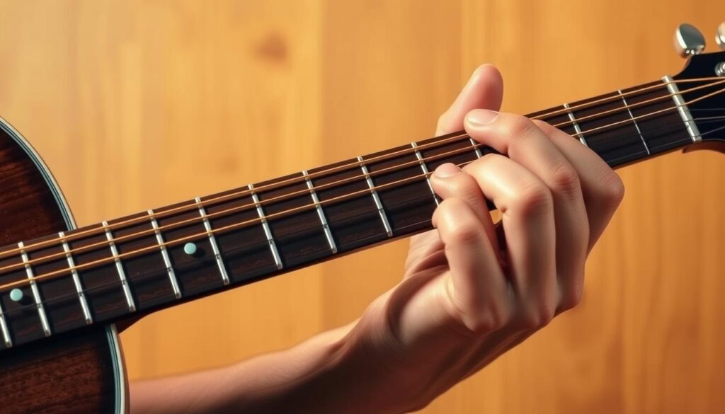 A detailed, photorealistic illustration of a guitarist's hand effortlessly playing a minor pentatonic scale on an acoustic guitar neck, set against a warm, softly-lit, natural wood-toned background. The fingers gracefully dance across the fretboard, the guitar body angled to showcase the intricate fingerwork. Warm lighting from an off-camera source casts gentle shadows, highlighting the textural details of the wood grain and strings. The composition emphasizes the beauty and fluidity of the minor pentatonic scale, conveying its practical application in guitar improvisation.