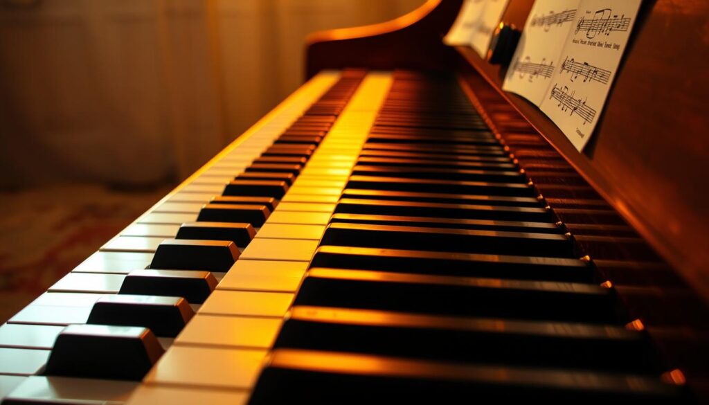 A detailed piano keyboard fills the center of the frame, with chords and musical notation overlaying the keys. The piano is bathed in warm, golden lighting, casting a cozy, inviting atmosphere. The background is a subtly blurred, textured surface, allowing the instrument to take center stage. The composition emphasizes the expansive, advanced chord structures that are the focus of the "blues piano" lesson, showcasing the rich, harmonic potential of the piano. The overall mood is one of focused study, artistry, and the pursuit of deeper musical understanding.