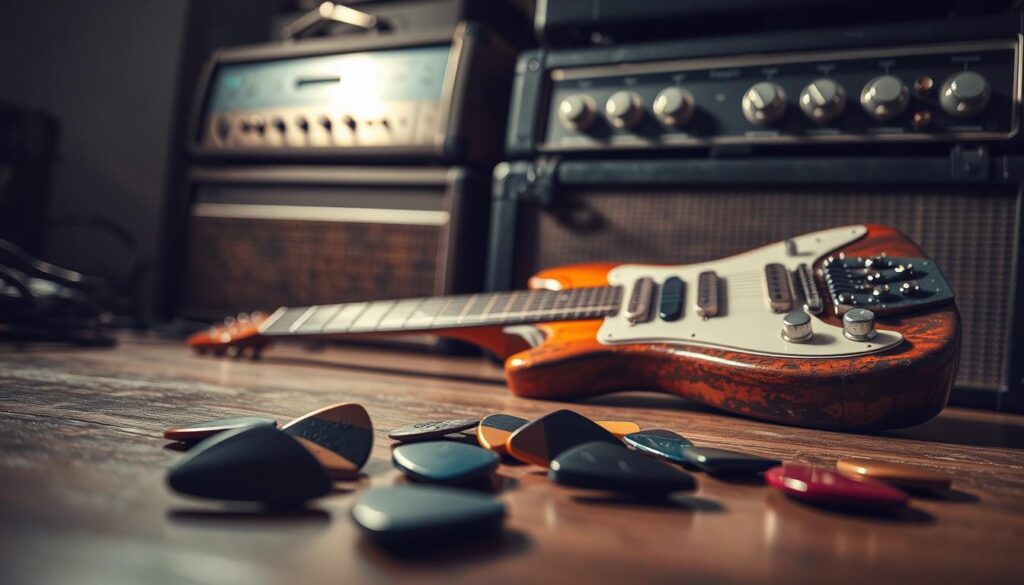 A detailed still life composition depicting the various components that contribute to a guitarist's unique sound. In the foreground, a selection of guitar picks in different materials and shapes, casting soft shadows on the surface. In the middle ground, a vintage electric guitar with a worn, well-loved body and gleaming chrome hardware, its pickups and controls subtly illuminated. In the background, a stack of tube amplifiers, their grilles and dials casting a warm, atmospheric glow. The overall scene is bathed in a soft, directional light that accentuates the textures and tones of the musical instruments and accessories, creating a moody, contemplative atmosphere.