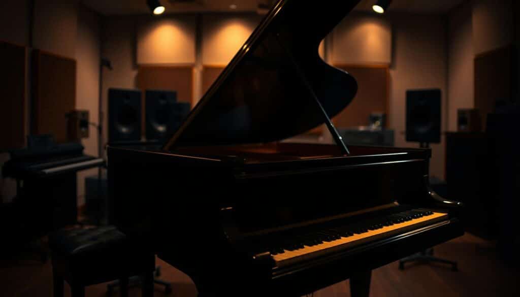 A dimly lit grand piano sits in the center of a jazz-themed recording studio. The piano's keys are illuminated, casting a warm glow over the scene. The background is blurred, with hints of studio equipment and acoustic panels visible. The focus is on the piano, inviting the viewer to imagine the pianist's fingers dancing across the keys, exploring intricate ii-V-I chord progressions - the foundation of jazz improvisation. The atmosphere is contemplative, with a sense of concentration and musical exploration. A dramatic chiaroscuro lighting accentuates the piano's curves, creating a moody and atmospheric image that perfectly captures the essence of the "Hoe begin je met jazz improvisatie tijdens pianoles?" section.