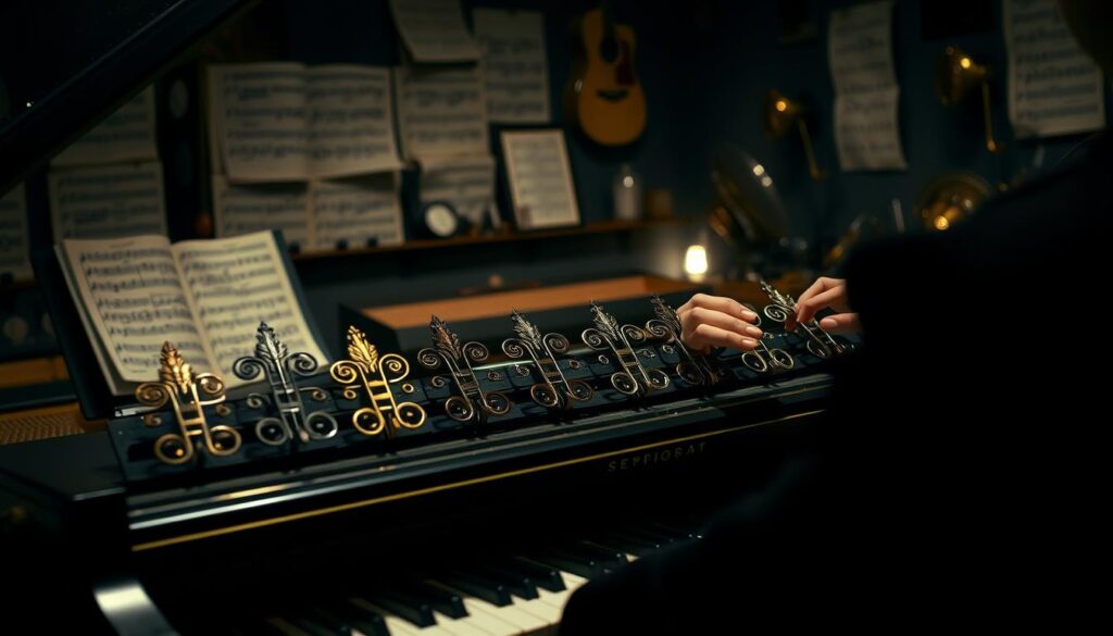 A dimly lit, intimate music studio with a grand piano in the foreground. On the piano, a collection of ornate, antique-looking septiemen toetsen (seventh chords) in various shades of brown, ivory, and gold, each one carefully positioned to suggest a sense of musical progression. The middle ground features a musician's hands delicately playing the chords, their movements captured in a soft, atmospheric light. In the background, a wall of sheet music and vintage musical instruments sets the tone of a classic, timeless musical exploration. The overall mood is one of thoughtful contemplation, inviting the viewer to imagine the harmonies and melodies that could be created with these dynamic chord voicings.