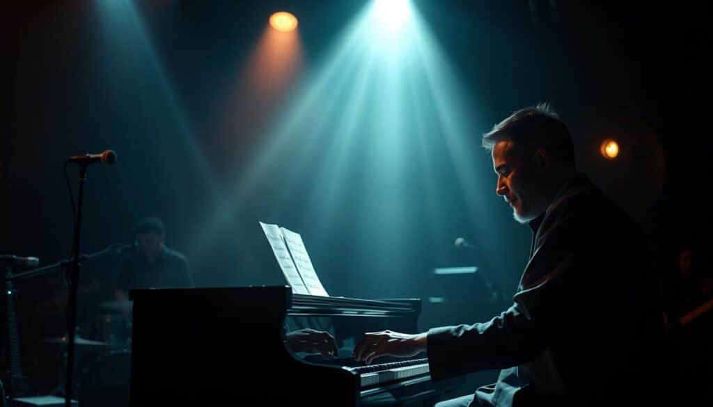 A dimly lit jazz club, the spotlight illuminating a grand piano center stage. Seated at the piano, a musician with a contemplative expression, fingers dancing across the keys, exploring a captivating improvisation. In the background, the silhouettes of other instruments and musicians, creating a sense of collaborative creativity. The atmosphere is one of focus, inspiration, and the joy of musical discovery. Soft beams of light filter through the haze, adding to the moody, atmospheric setting. The image conveys the essence of "creativiteit gehoor jazz" - the fusion of technical mastery, intuitive expression, and the collective energy of a jazz performance.