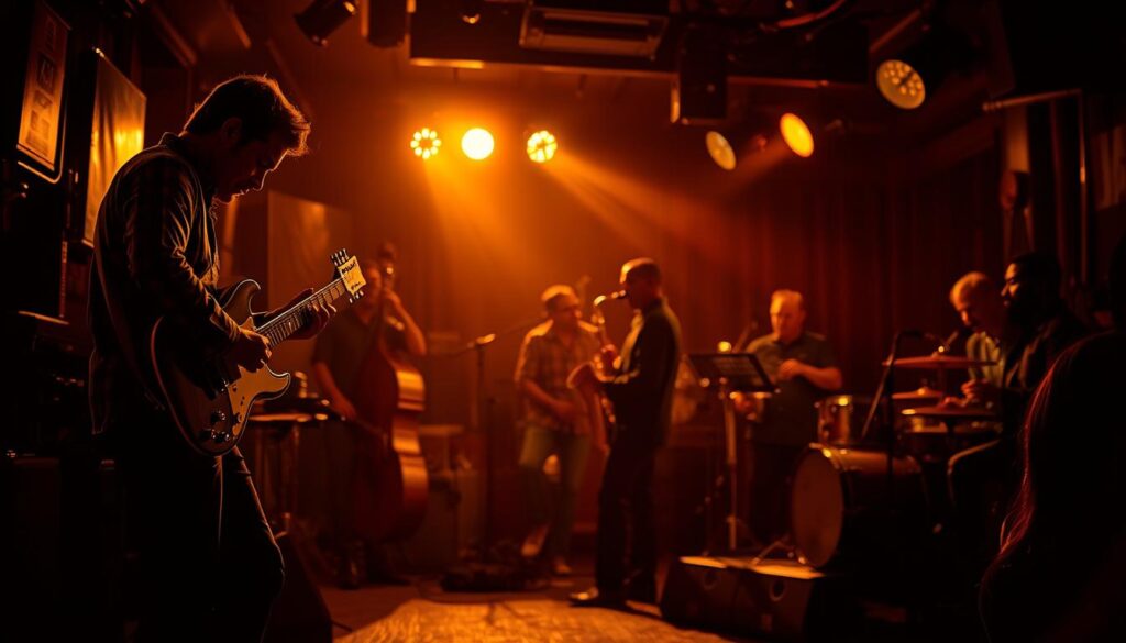 A dimly lit jazz club, with a stage in the foreground. On stage, a skilled guitarist performs a lively swing number, their fingers dancing across the fretboard. In the middle ground, a group of musicians accompany the guitarist, each contributing their own unique style - a bassist swaying to the rhythm, a saxophonist improvising a soulful melody, and a drummer keeping the beat. In the background, the silhouettes of the audience can be seen, immersed in the captivating performance. The lighting is warm and atmospheric, casting a golden glow over the scene, evoking the energy and passion of the different jazz styles - swing, latin, free, and fusion.