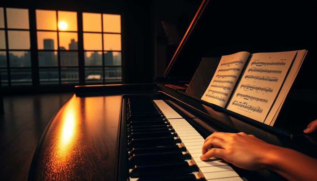 A dimly lit piano studio, with a grand piano taking center stage. The polished ebony keys reflect the soft, warm lighting that casts gentle shadows across the space. In the foreground, a pair of attentive hands rests on the keys, fingers poised to play. The middle ground features a music score open on the piano's music rack, its notes a visual representation of the "spelen gehoor" (playing by ear) technique. In the background, a large window frames a city skyline, suggesting a sense of focus and inspiration. The overall atmosphere is one of concentration and dedication, capturing the essence of the section title "Hulpmiddelen en bronnen: slim trainen in minder tijd."