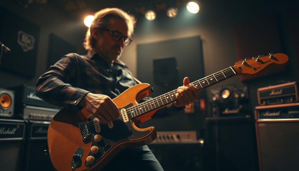 A dimly lit recording studio setting, with a focus on a guitar being played by an experienced musician. The guitar is a classic electric model, gleaming under warm studio lighting. The player's hands move skillfully across the fretboard, their expression one of deep concentration as they coax out a intricate, melodic pop-inspired guitar riff. The background features a mix of recording equipment, amplifiers, and music-related paraphernalia, creating an immersive atmosphere for this advanced guitar playing session. Soft, diffused lighting casts dramatic shadows, heightening the sense of artistic intensity. The overall mood is one of technical mastery, creative flow, and the pursuit of musical excellence within the pop genre.