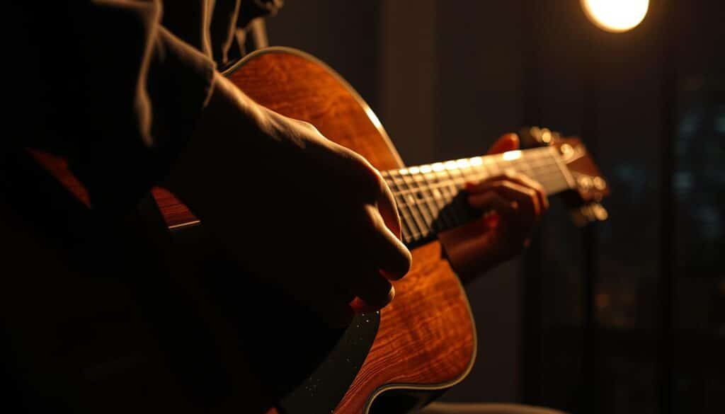 A dimly lit studio setting, showcasing a guitarist's hands effortlessly gliding across the fretboard, fingers dancing with precision. The guitar's body, carved from rich mahogany, reflects the warm, golden glow of strategically placed lighting, creating a sense of depth and texture. In the background, a blurred cityscape hints at the musician's urban environment, adding to the atmospheric ambiance. The composition emphasizes the intricate and expressive nature of guitar improvisation techniques, capturing the essence of the subject matter in a visually captivating manner.