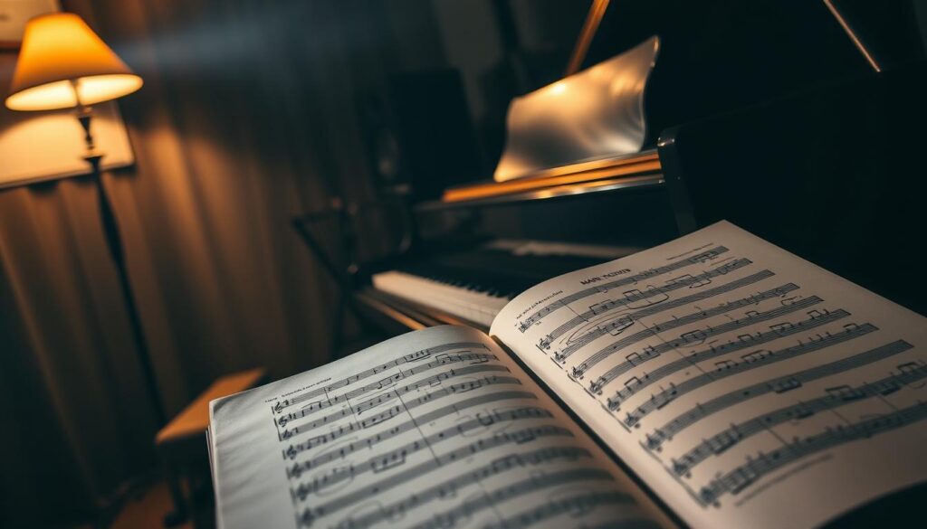 A dimly lit studio, the warm glow of a single lamp illuminating a grand piano. Manier akkoorden, a creative exploration of chord progressions, unfolds on the keys. Fingers dance across the ivories, experimenting with unexpected harmonies, blending major and minor tonalities. In the foreground, a sheet of music lies open, its pages filled with scribbles and annotations, a testament to the thoughtful process. The background fades into a soft, hazy atmosphere, allowing the music to take center stage. The scene conveys a sense of contemplation and inspiration, a delicate balance between structure and spontaneity, as the artist crafts a musical journey.