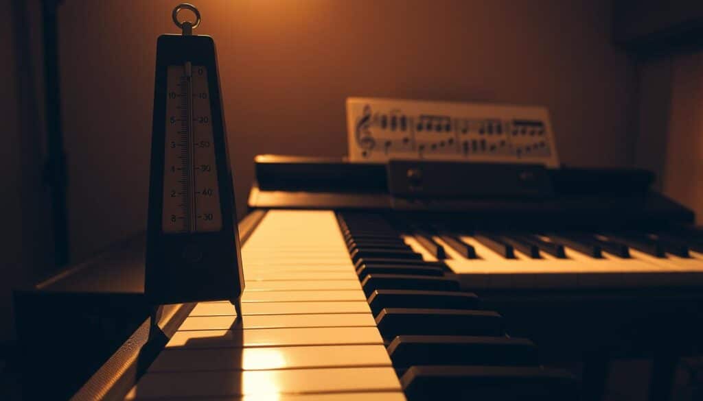 A dimly lit, warm-toned studio setting. In the foreground, a metronome stands tall, its pendulum swaying steadily, keeping time. Behind it, a piano keyboard stretches across the frame, its keys illuminated by soft, directional lighting. On the keyboard, a set of musical scales unfolds, the tones rising and falling in a rhythmic dance. The background is softened, hazy, allowing the focal points to take center stage. The overall atmosphere conveys a sense of focus, concentration, and the disciplined practice of musical fundamentals.