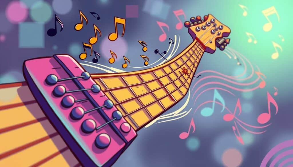 A dynamic, cartoon-style guitar lick visualized as an energetic, musical "toonladder" scaling up a colorful, whimsical stave. The foreground features stylized, expressive musical notes and symbols bouncing playfully up the stave, with a sense of joyful, rhythmic movement. The middle ground showcases the bold, undulating "toonladder" structure, rendered in vibrant, saturated hues that evoke the feeling of an upbeat, musical jam session. The background provides a softly blurred, dreamlike environment with hints of musical clefs and swirling, melodic patterns, creating an overall atmosphere of creative exploration and musical expression.
